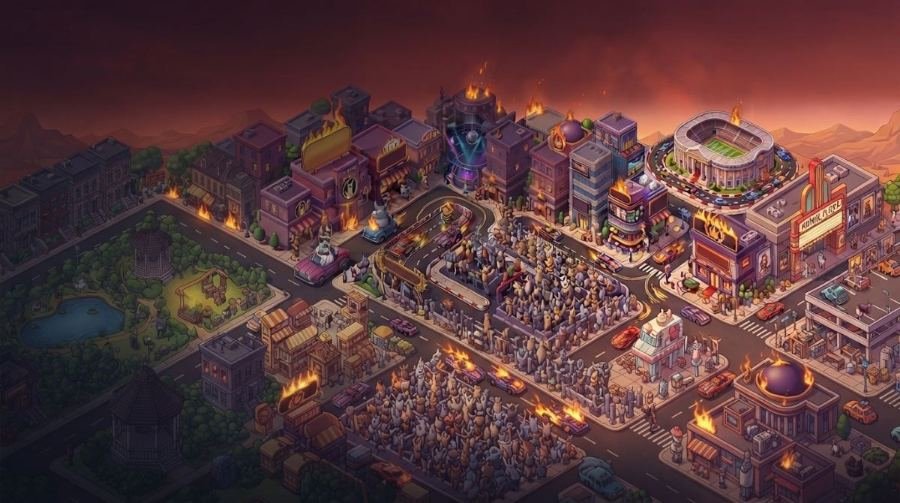 Ciudad del Imperio en llamas: estadio, cine y negocios con multitudes en las calles