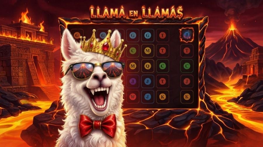 Llama en Llamas: la llama coronada frente al tablero del slot entre volcanes y lava