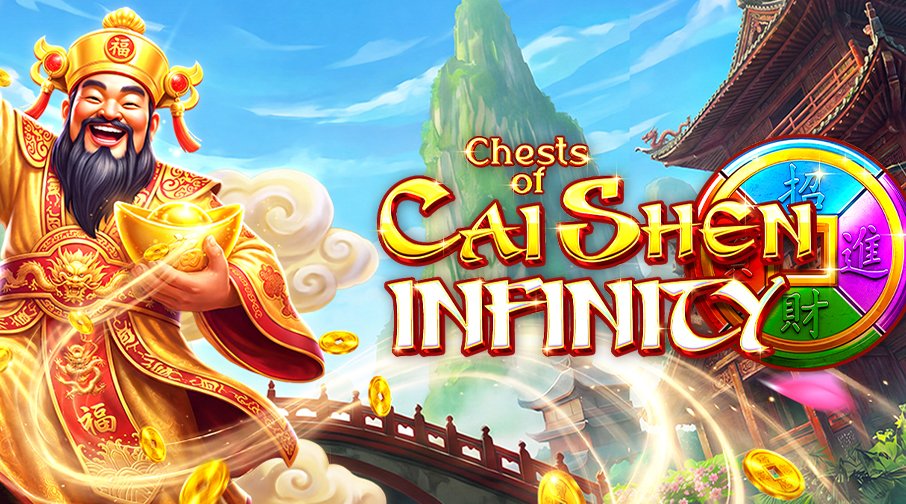 Chests of Cai Shen – Infinity: el dios Cai Shen con túnica dorada sosteniendo un lingote de oro entre templos y montañas