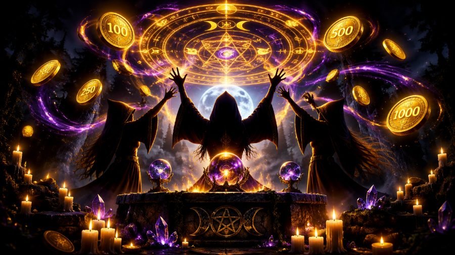 Coven Rising: círculo mágico de runas doradas sobre un altar, tres brujas encapuchadas y monedas con valores flotando