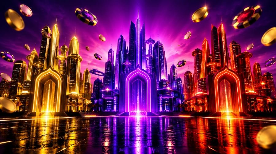 Hype City de noche: los tres barrios de la ciudad iluminados en oro, púrpura y rojo, con fichas flotando