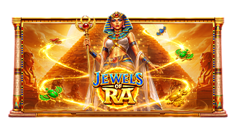 Jewels of Ra de Pragmatic Play: una reina egipcia con cetro frente a una pirámide dorada y escarabajos de jade