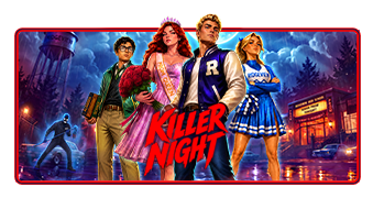 Killer Night de Pragmatic Play: estudiantes de una escuela secundaria en la noche del baile, con el asesino al fondo