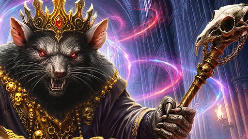 Rat Royale: el Rey Rata con corona de oro, ojos rojos y un cetro con cráneo en una catedral gótica