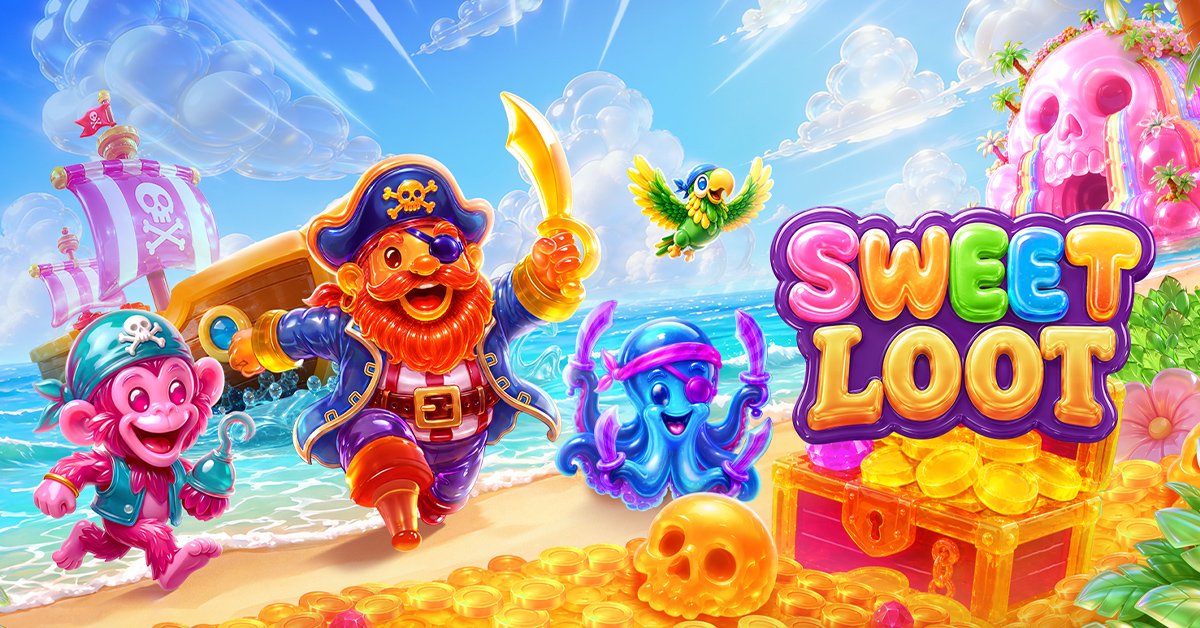 Sweet Loot: un capitán pirata de gomita con parche y sable dorado en un barco, junto a un pulpo y un mono piratas